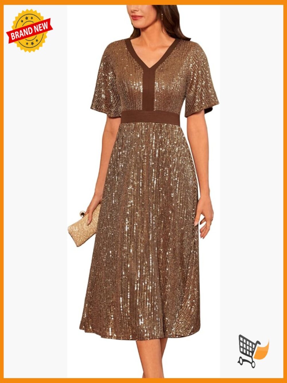 V-Neck Sequin Ruffle Sleeve A-Line Midi Cocktail Dress with Empire Waist